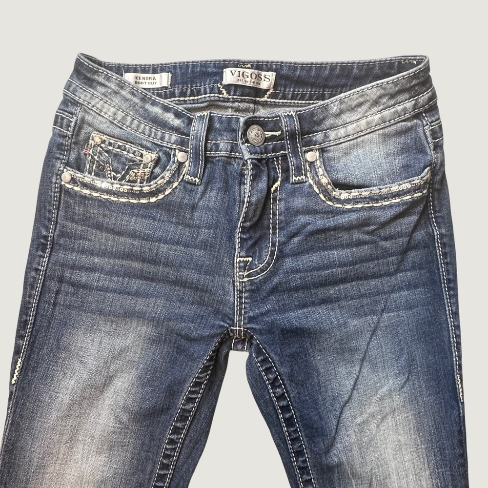 Vigoss Jeans Womens 25 Kendra Boot Cut Blue Sequin Flap Pocket VC-P01214L Y2K